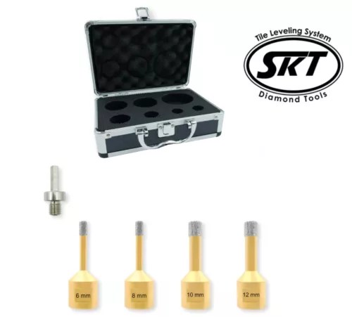 Skt Gyémántfúró, gyémánt lyukfúró készlet MINI sarokcsiszolóra 6-8-10-12mm + koffer SKT226001